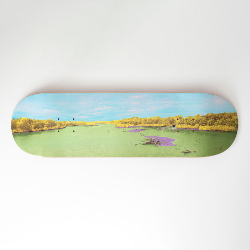 "Oh, The Places You'll Sew" archival pigment on skateboard deck